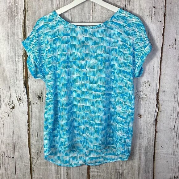Papermoon Turquoise White Short Sleeve Round Neck Blouse Top Size M  48 - Picture 1 of 7